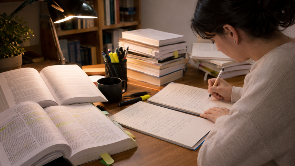 Opositora preparando Gestion Procesal con libros y apuntes