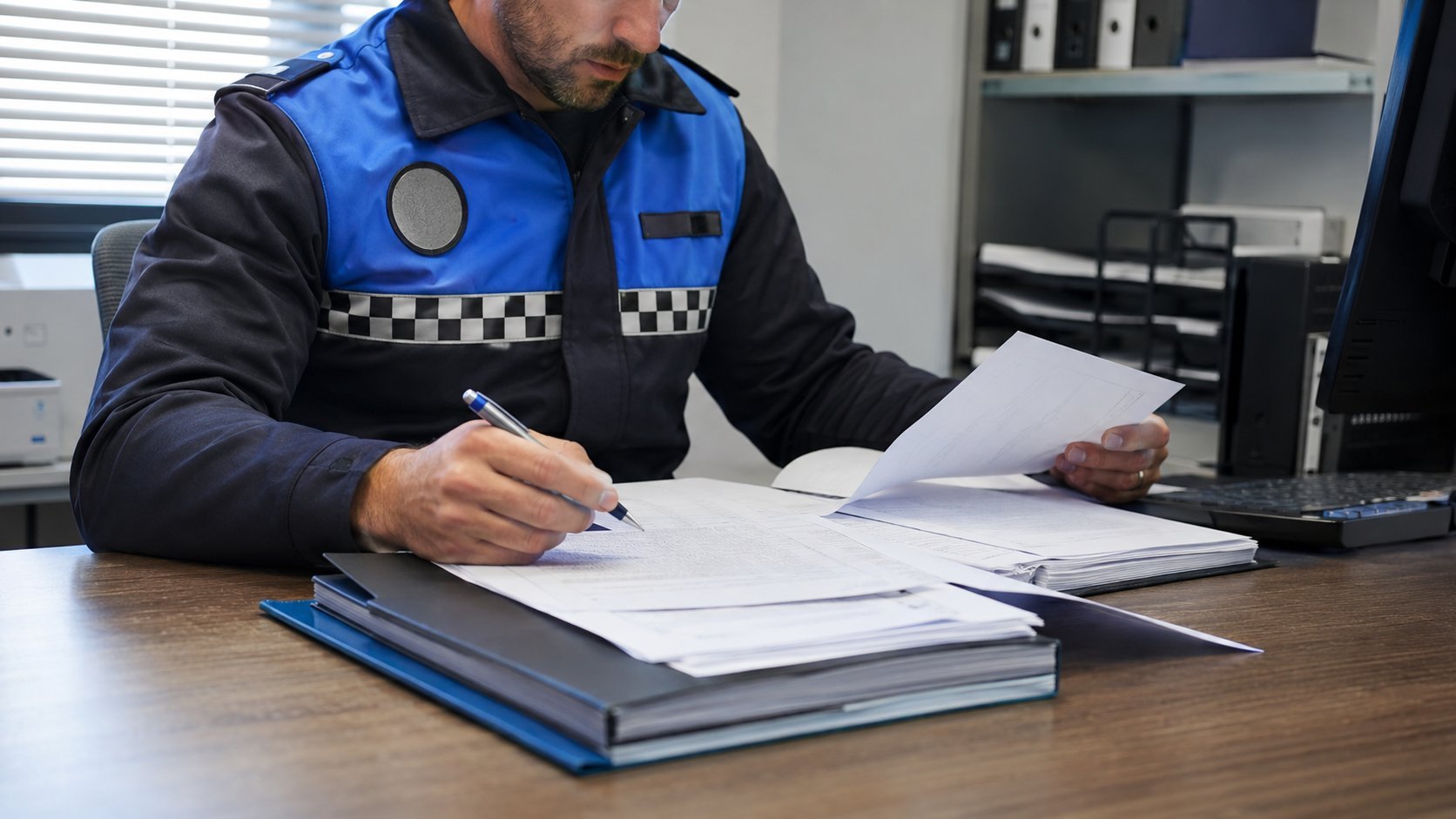 Patrulla de cinco agentes de Policía Local de Castilla y León caminando por una plaza histórica