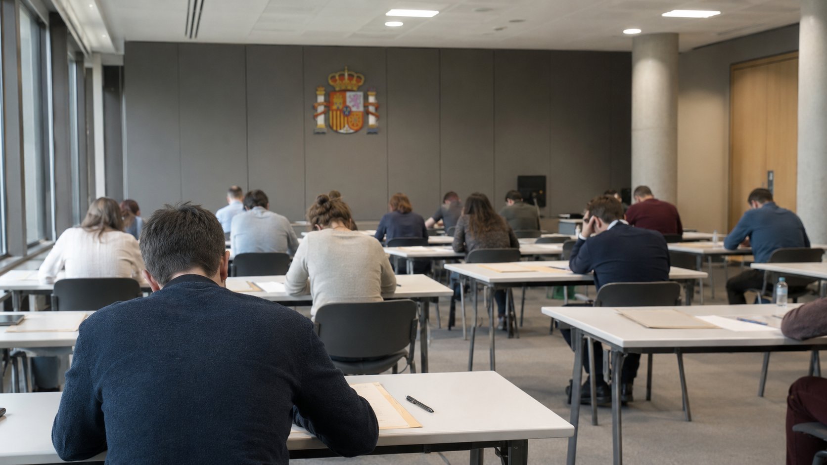Sala de examen con opositores realizando la prueba de la oposición a la Administración de Justicia bajo el escudo de España
