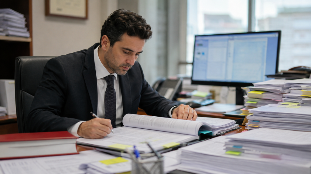 Funcionario revisando expedientes como funciones de Gestion Procesal