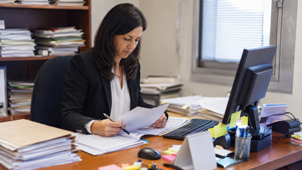 Funcionaria gestionando expedientes como parte de las funciones de Tramitacion Procesal