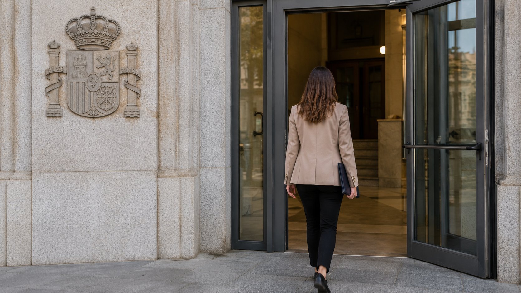 Funcionaria entrando a un edificio oficial de la Administración de Justicia con el escudo de España