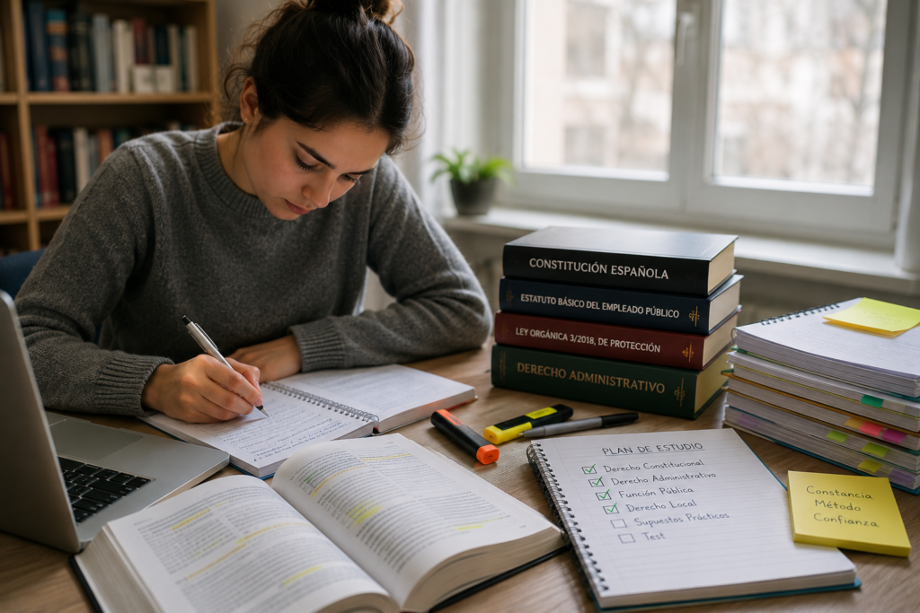 Opositora concentrada estudiando Tramitacion Procesal con libros juridicos