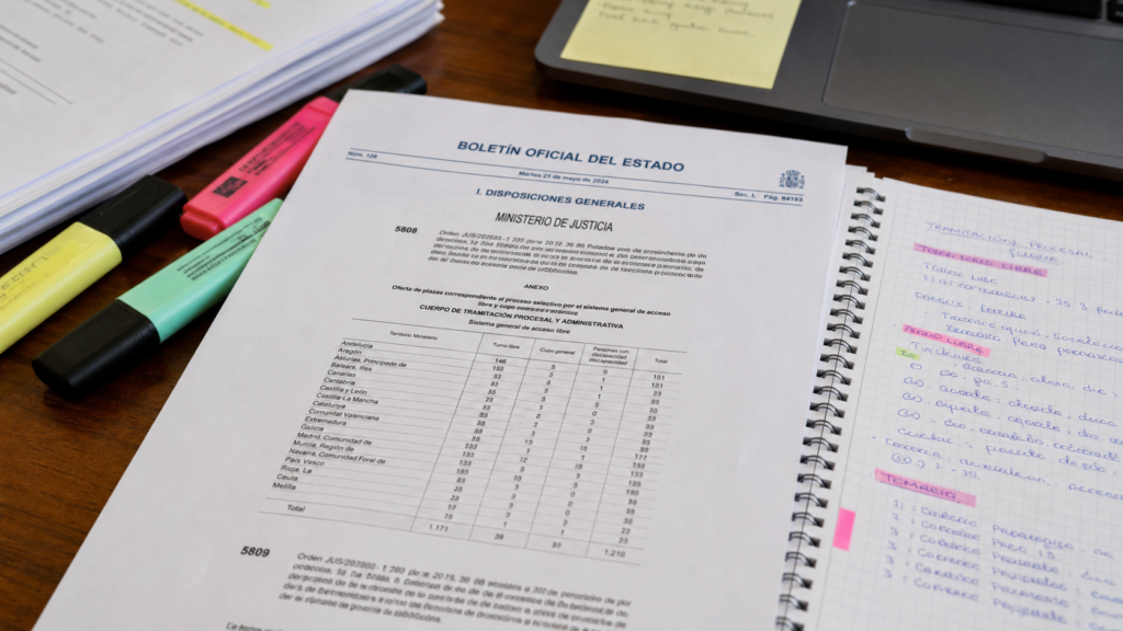 Convocatoria de Tramitacion Procesal en el BOE con apuntes de estudio