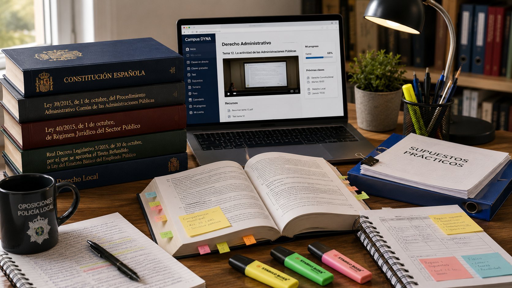 Mesa de estudio con el temario de las oposiciones a la Administración de Justicia, libros de leyes, ordenador con Campus DYNA y carpeta de supuestos prácticos
