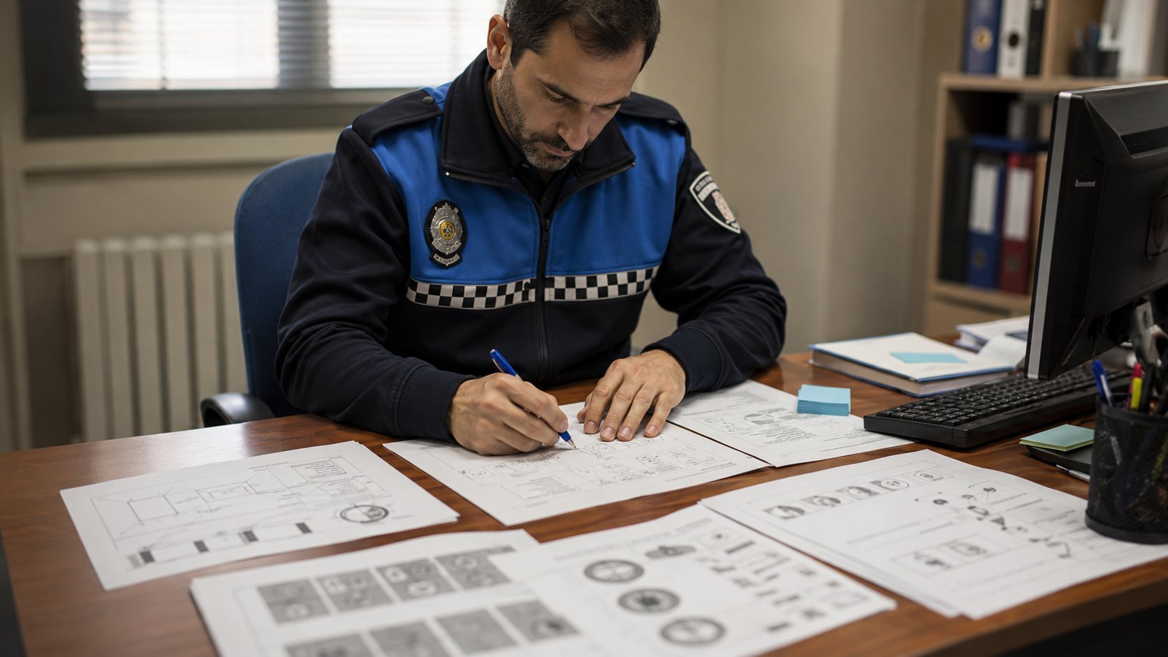 Agente de Polic?a Local trabajando con ejercicios psicot?cnicos sobre la mesa de su oficina