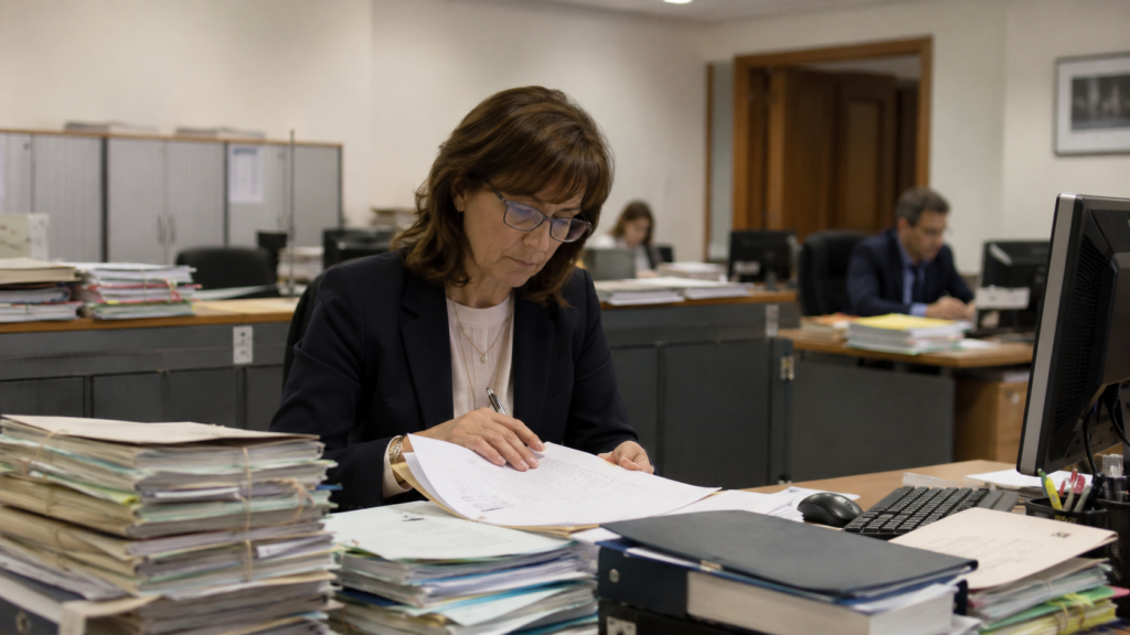 Funcionaria revisando documentos para explicar que es Tramitacion Procesal