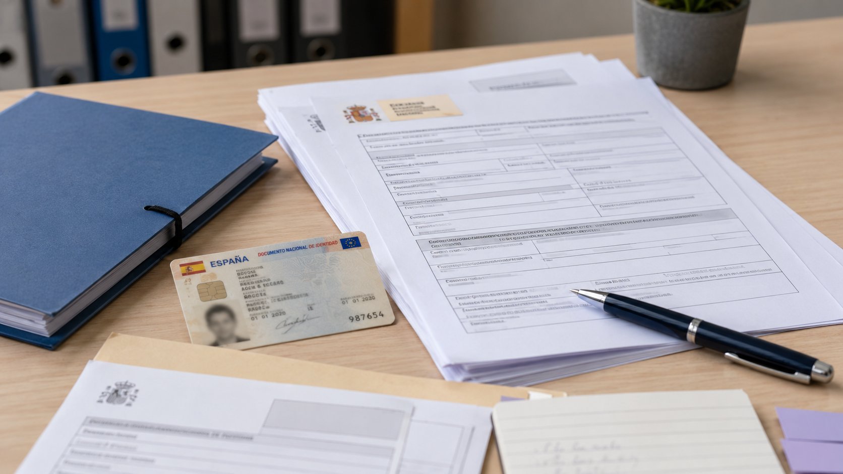 DNI español y formularios oficiales de inscripción a las oposiciones de la Administración de Justicia sobre una mesa